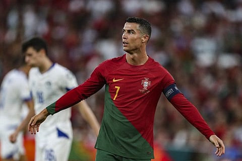 Cristiano Ronaldo reacts during the Uefa Euro 2024 Group J qualification against Bosnia-Herzegovina. The Portuguese forward will be playing his 200th international today.