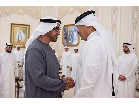 President His Highness Sheikh Mohamed bin Zayed Al Nahyan (left) meeting Hassan bin Abdullah Al Ghanim, Speaker of Qatar’s Shura Council