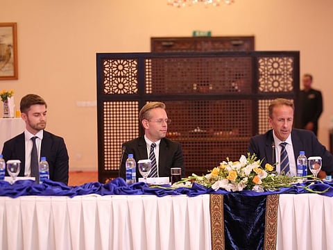 Ambassador of Sweden Henrik Persson, Vice President South and Southeast Asia Emil Akander (centre) and Max Schaaf (left) addressing the launching ceremony of the report ‘Rebuild for a Resilient Pakistan’ on Tuesday.