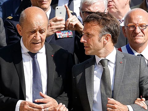 France's President Emmanuel Macron with his former Foreign Minister Jean-Yves Le Drian. Le Drian’s three-day visit to Lebanon comes a week after Lebanese lawmakers failed for a 12th time to elect a new president, drawing condemnation from the international community.