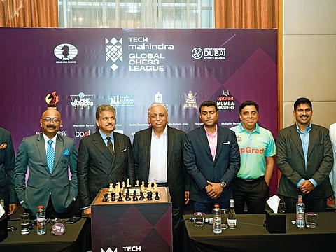 From left: Parag Shah, Director - GCL and Member of Group Executive Board, Mahindra Group; Jagdish Mitra, Chairperson, GCL Board; Anand Mahindra, Chairman, Mahindra Group; CP Gurnani, MD & CEO, Tech Mahindra; Akash Premsen, Triveni Continental Kings; Ronnie Screwvala, upGrad Mumba Masters; Punit Balan, Balan Alaskan Knights and Anubhav Gupta, SG Alpine Warriors, at the Tech Mahindra Global Chess League launch in Dubai on Wednesday.