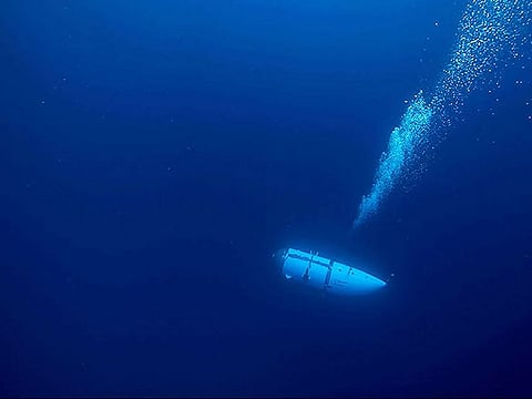 This undated image courtesy of OceanGate Expeditions, shows the Titan submersible during a descent. The company based in Everett, Washington, has been making yearly voyages to the Titanic since 2021.