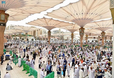 The faithful at the Prophet’s Mosque in Medina.