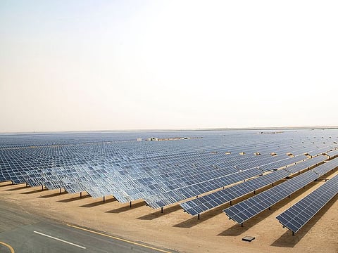 The Mohammed bin Rashid Al Maktoum Solar Park in Dubai. This solar park is spread over a total area of 77 km2 in Saih Al-Dahal, about 50 kilometers south of the city of Dubai, UAE.