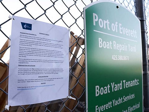 A statement from OceanGate and the Port of Everett addressing the OceanGate tragedy is posted at the entrance of OceanGate Expedition's headqurters in the Port of Everett Boat Yard in Everett, Washington.