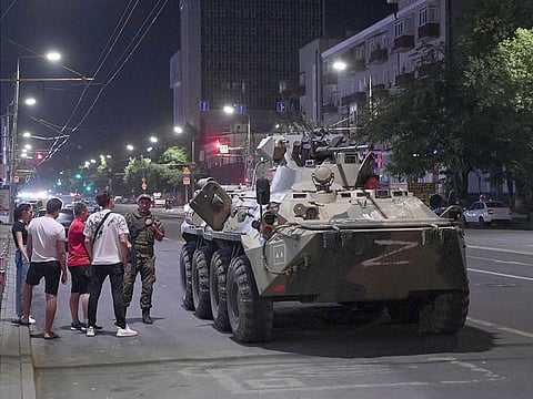 An armoured personnel carrier (APC) is seen on a street of the southern city of Rostov-on-Don, Russia on June 24, 2023.