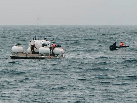 In this image released by Action Aviation, the submersible Titan is prepared for a dive into a remote area of the Atlantic Ocean on an expedition to the Titanic on Sunday, June 18, 2023.