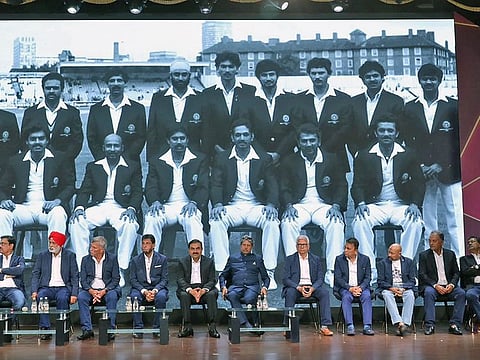 Chairperson of Adani Group, Gautam Adani with cricket legends of team 1983 including former team captain Kapil Dev and other team members during the inaugural edition of 'Adani Day' on the occasion of Gautam Adani's birthday, in Ahmedabad on Saturday.