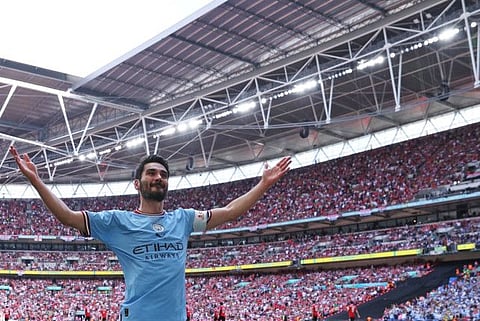 Manchester City's German midfielder Ilkay Gundogan celebrates scoring his team's second goal during the FA Cup final against Manchester United at Wembley stadium in London on June 3.