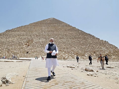 Prime Minister Narendra Modi visits the Great Pyramid of Giza, in Cairo, on Sunday. (ANI Photo)