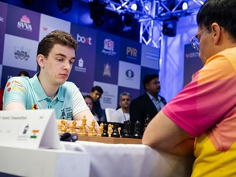 Jan-Krzysztof Dubai (left) in action against Vishwanathan Anand on Day 6 of the Global Chess League on Tuesday.