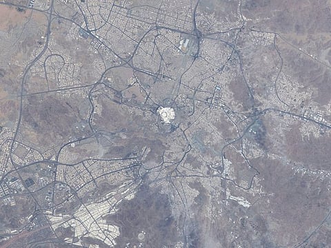 The Masjid Al Haram, or the Grand Mosque, and its vicinity is located in the white area in the centre of this image of Makkah from space taken by Al Neyadi