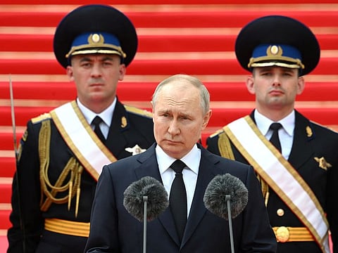 Russian President Vladimir Putin addresses members of Russian military units, the National Guard and security services to pay honour to armed forces, that upheld order during recent mutiny, in Cathedral Square at the Kremlin in Moscow, Russia, June 27, 2023.