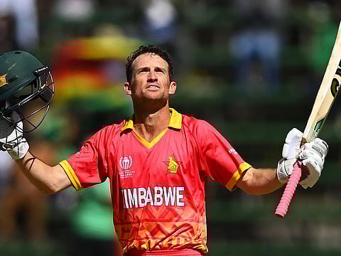 Sean Williams of Zimbabwe celebrates scoring a century against USA at Harare Sports Club on Monday.