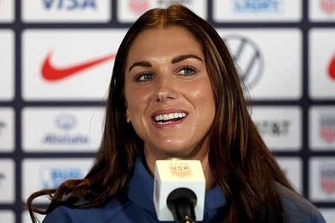 Alex Morgan of Team United States speaks to members of the media at Dignity Health Sports Park on Wednesday.