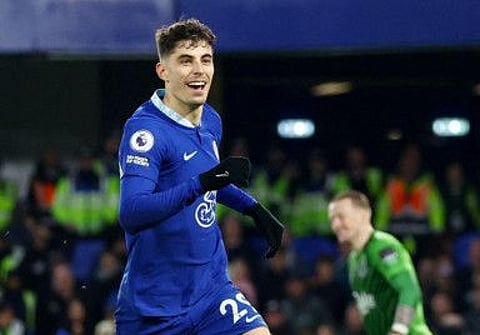 Chelsea's Kai Havertz celebrates a goal during a Premier League match against Everton at Stamford Bridge, London in March 18.