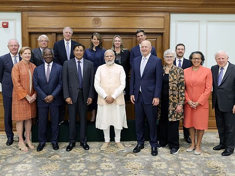 Prime Minister Narendra Modi with the members of the Board and key leadership of Goldman Sachs, on Wednesday.
