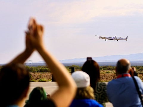 People react as the passenger rocket plane operated by Virgin Galactic takes off, during the company's first commercial flight to the edge of space, at the Spaceport America facility, in Truth or Consequences, New Mexico, US, June 29, 2023.