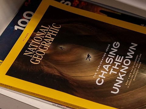 The July 2023 edition of National Geographic is for sale at a newsstand, Thursday, June 29, 2023, in Washington