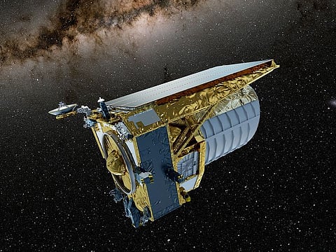 An artist's concept shows the Euclid space telescope, built by the European Space Agency (ESA) that is set to be launched by a SpaceX Falcon 9 rocket, in operation, in this undated handout image.