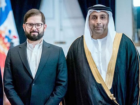 Mohammed Saeed Al Neyadi with Gabriel Boric, President of the Republic of Chile, during an official reception ceremony that took place at the Presidential Palace in the capital, Santiago.