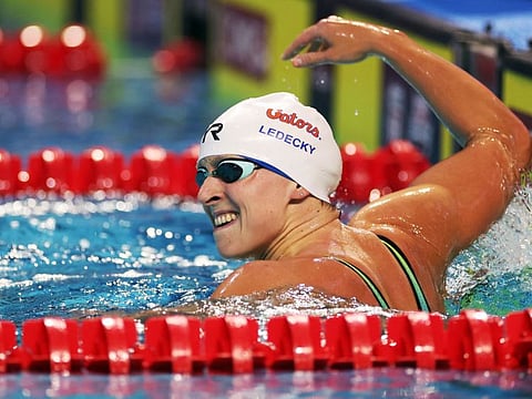 Katie Ledecky reacts after winning in the women's 1,500 metre freestyle final of the 66 National Championships at Indiana University Natatorium on Saturday.