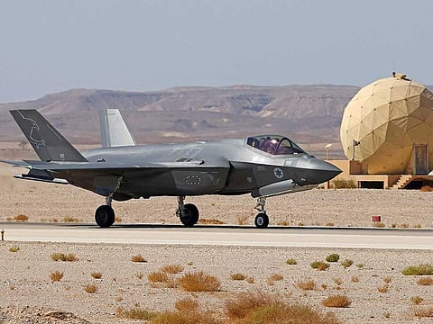 An Israeli air force F-35 fighter lands during the "Blue Flag" multinational air defence exercise at the Ovda air force base, north of the Israeli city of Eilat, on October 24, 2021.