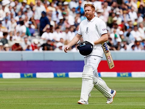 England's Jonny Bairstow walks back to the pavilion after losing his wicket for 10 runs on day five of the second Ashes cricket Test match against Australia at Lord's cricket ground in London on July 2, 2023.