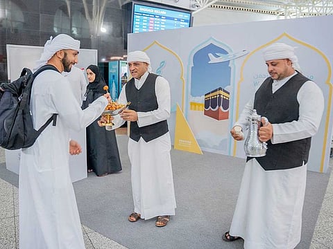Pilgrims from Saudi Arabia welcome by airport staff. The Sharjah Airport Authority has committed all of its resources to facilitating seamless travel for pilgrims,