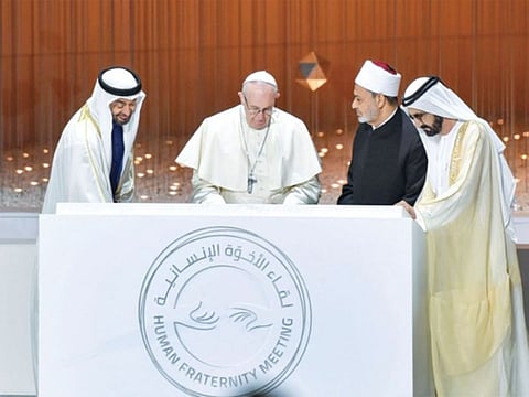 Pope Francis and the Grand Imam of Al-Azhar, Dr. Ahmed Al-Tayyeb with UAE President His Highness Sheikh Mohamed Bin Zayed bin Nahyan and His Highness Sheikh MOhammed bin Rashid Al Maktoum, Vice President and Prime Minister of the UAE and Ruler of Dubai, during their visit to the UAE in 2019.