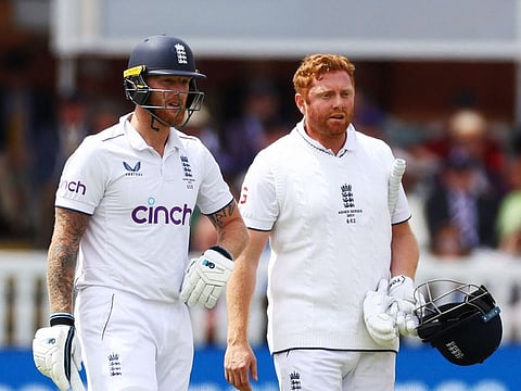 England’s Jonny Bairstow reacts after being run out by Australia’s Alex Carey as Ben Stokes looks on, in the second Test at Lord’s, London, on July 2, 2023. The dismissal sparked questions of fair play.