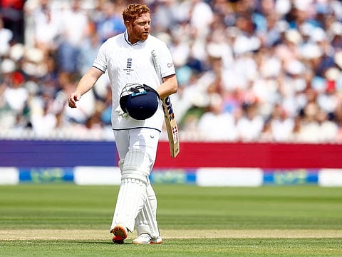 England batter Jonny Bairstow walks back after an 'unfair dismissal' during the second innings on Sunday.
