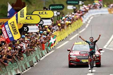 Australian rider Jai Hindley cycles to the finish line to win the 5th stage of the 110th edition of the Tour de France race in the Pyrenees mountains in southwestern France on Wednesday.