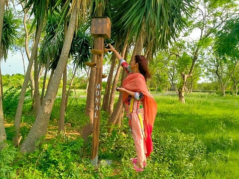 A woman filling the bowls attached to the nesting poles with water and grains in F-9 Park in Islamabad.