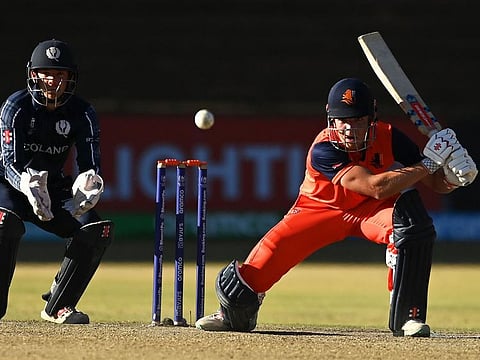 Bas de Leede of Netherlands in action during the ICC Cricket World Cup Qualifier Super 6 match against Scotland at Queen’s Sports Club in Bulawayo on Thursday.