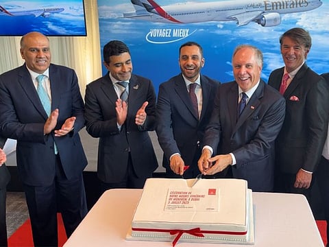 (from left) Salem Obaidalla, Senior Vice President of Commercial Operations, Americas; Fahad Saeed Al Raqbani, UAE Ambassador to Canada; Adnan Kazim, Chief Commercial Officer; David Brozlippe Rainville, President and Chief Executive Officer of ADM Aéroports de Montréal, and Yves Lalumiere, CEO of Montreal Tourism during the cake cutting ceremony to mark the momentous occasion of Emirates' landmark inaugural flight to Montreal.