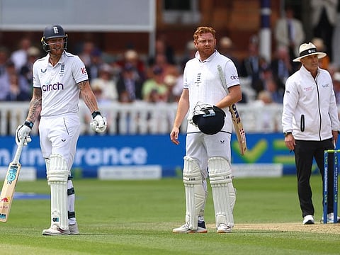 England's Jonny Bairstow (centre) look on after being run out by Australia's Alex Carey as Ben Stokes reacts during the second Ashes Test against Australia at Lord's, London, on July 2, 2023.