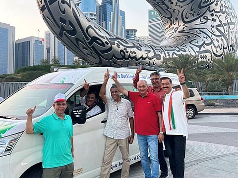 The six expats with their customised 13-seater vehicle ahead of their 45-day trip from Dubai:  Jaikishen Muralidhar (Jacky) Mordani, Devidas Murlidhar Mordani, Joshi Naishadhkumar Mukundrai, Doulat Gul Aswani, Manoj Gurmukhdas Takhtani and Lachman Gul Aswani.