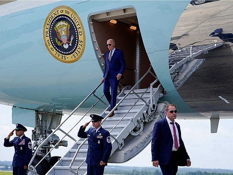 President Joe Biden exits Air Force One as he arrives at Columbia Metropolitan Airport, Thursday, July 6, 2023, in West Columbia, S.C.