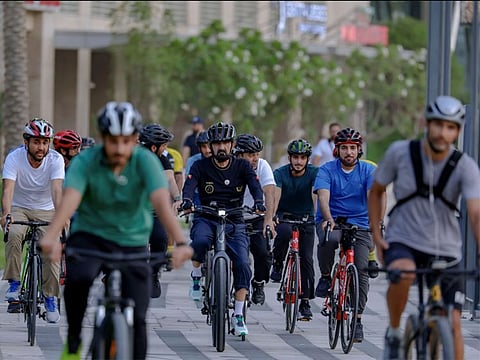 His Highness Sheikh Mohammed bin Rashid Al Maktoum on a cycling tour in Dubai on Monday.