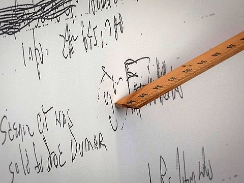 A smiley face written with Aretha Franklin's signature in 2014 is seen during the first day of a jury trial over Franklin's wills at Oakland County Probate Court in Pontiac, Mich., on Monday, July 10, 2023.