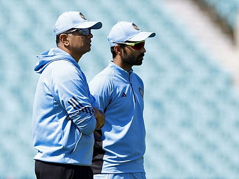 India head coach Rahul Dravid with Ajinkya Rahane during a practice session last month.