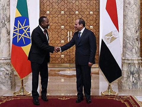 Al Sisi with Abiy Ahmad after their meeting to discuss Ethiopian dam, at the Ittihadiya presidential palace in Cairo on July 23.