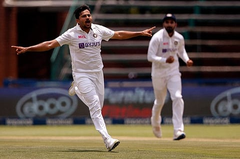 India's Shardul Thakur celebrates the dismissal of South Africa's Rassie van der Dussen during second Test in Johannesburg. South Africa won the series 2-1.