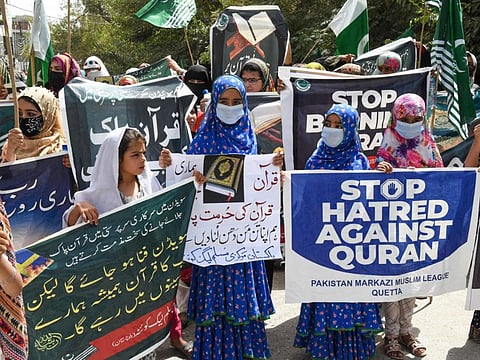 Women march during an anti-Sweden demonstration in Quetta on July 9, 2023, as they protest against the burning of the Quran outside a Stockholm mosque that outraged Muslims around the world.