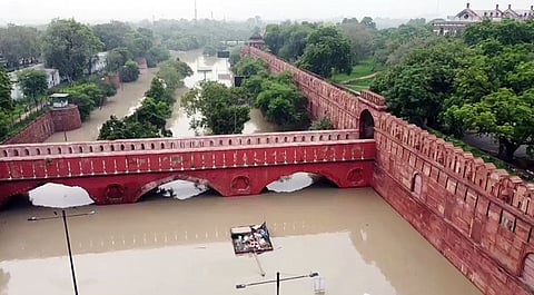 Waterlogged Red Fort after heavy rainfall and rising Yamuna river water level in New Delhi on Friday.