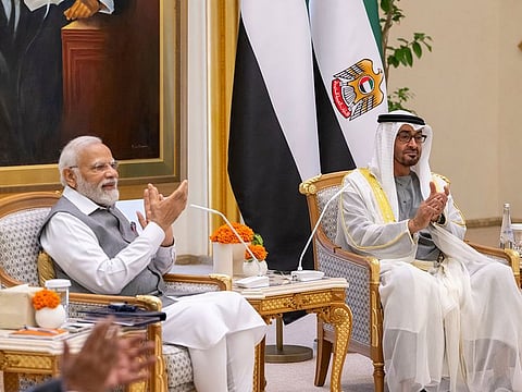President His Highness Sheikh Mohamed bin Zayed Al Nahyan and Narendra Modi, Prime Minister of India, witness an MOU exchange ceremony, during an official visit reception, at Qasr Al Watan.