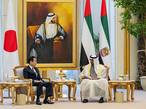 His Highness Sheikh Mohamed bin Zayed Al Nahyan, UAE President with Fumio Kishida, Japan Prime Minister, during an official reception, at Qasr Al Watan.