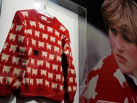 The historic Princess Diana black sheep jumper is on display at the auction house Sotheby's in London, Monday, July 17, 2023.
