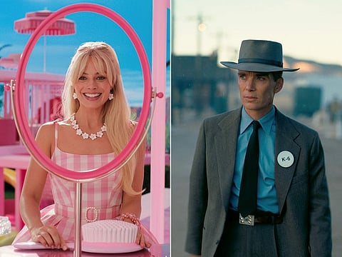 Margot Robbie in 'Barbie', and Cillian Murphy in a scene from 'Oppenheimer'.